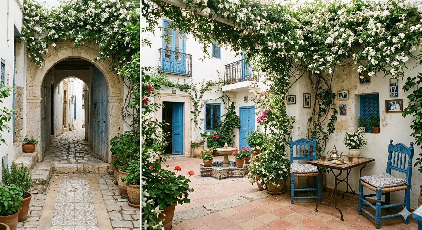 Hidden jasmine courtyard in Sidi Bou Said